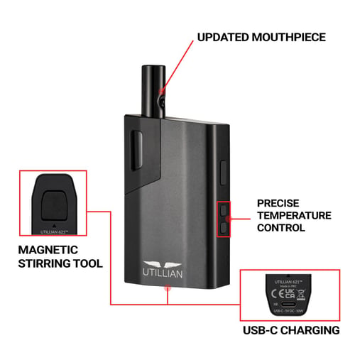 utillian 621 with mouthpiece, temperature control buttons, magnetic stirring tool and USB-C charging port