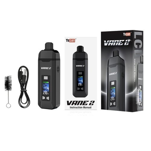 Yocan Vane 2 vaporizer packaging with device, USB cable, cleaning brush, and instruction manual