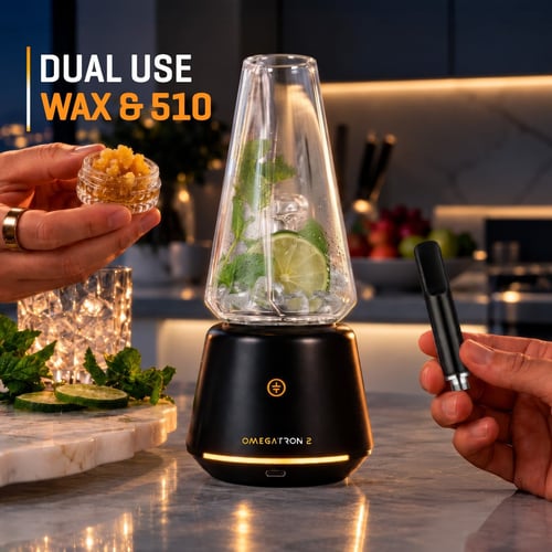 Tronian Omegatron 2 dual-use vaporizer for wax concentrates and 510 thread carts, shown with cartridge and mint-lime garnished cup