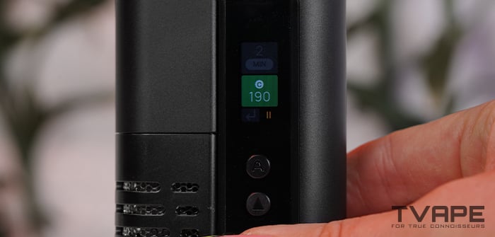 Arizer Go SRT vaporizer - a close-up view of the display with temperature settings selection