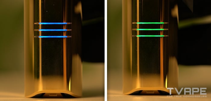 A close-up photo of the Zeus Arc GT4 vaporizer with the LED indicators showing the temperature settings