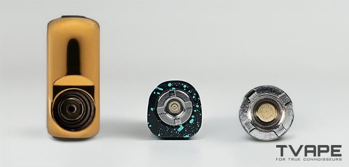 Three different 510 thread batteries, showing electrical contact points for compatibility with vape pen batteries.