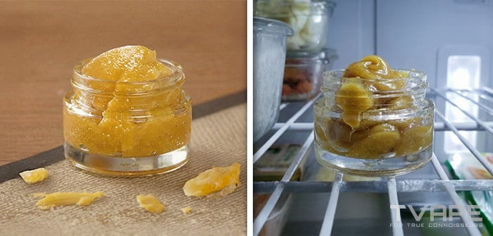 Concentrate storage examples with one side natural and another side in a fridge