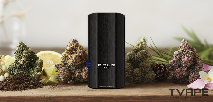 Zeus Arc S2 vaporizer is positioned alongside various weed strains
