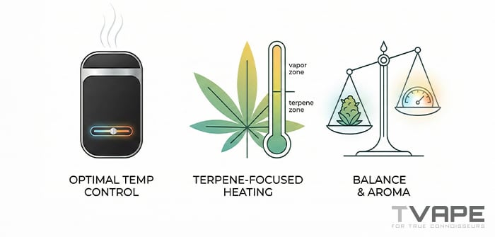 Infographic highlighting three key vaporizer features: Optimal Temp Control, Terpene-Focused Heating with a thermometer showing "terpene" and "vapor" zones, and Balance & Aroma represented by a scale.
