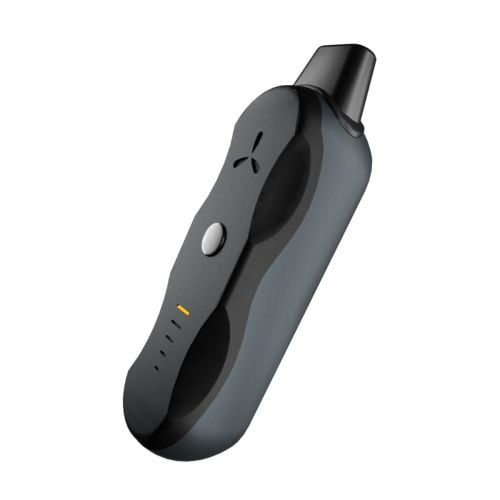 AirVape XS Go dry herb vaporizer angled front view with mouthpiece attached, single-button control and LED strip.