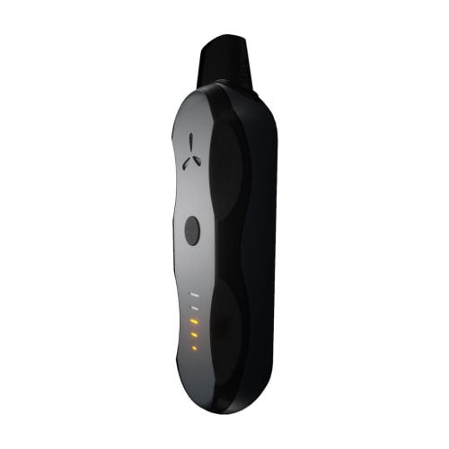 Slim side profile of the AirVape XS Go standing upright, highlighting its curved ergonomic body.