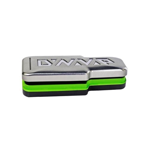 Steel-colored with green touch DynaVap G3 vaporizer case with engraved logo, designed for secure storage of the DynaVap the G3 portable dry herb vaporizer, enhancing durability and portability.