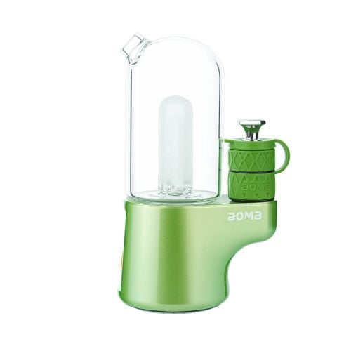 Side view of assembled lime BOMB Magloud E Rig, showing the ergonomic handle and glass piece for efficient concentrate vaporization in a portable electric dab rig setup.