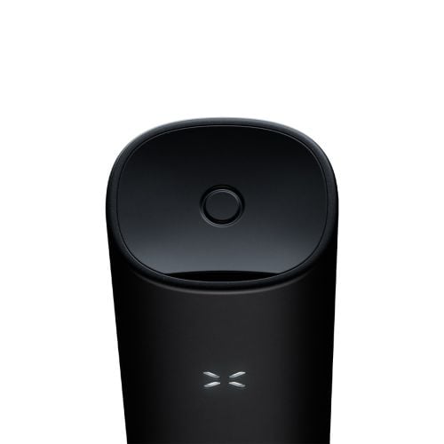 Close-up of PAX Flow mouthpiece and LED indicator – portable vaporizer detail (Onyx color option)
