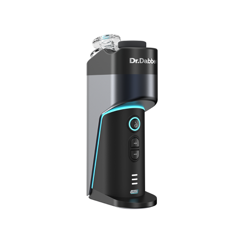 Front view of the Dr. Dabber Switch Go electric dab rig, displaying its three-button interface, LED indicators, Dr. Dabber logo and USB-C charging port.
