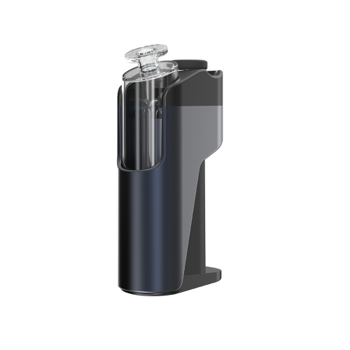 Side-back profile of the Dr. Dabber Switch Go portable E-Rig, showcasing the integrated glass bubbler water filtration attachment safely tucked into the anodized aluminum body shell.