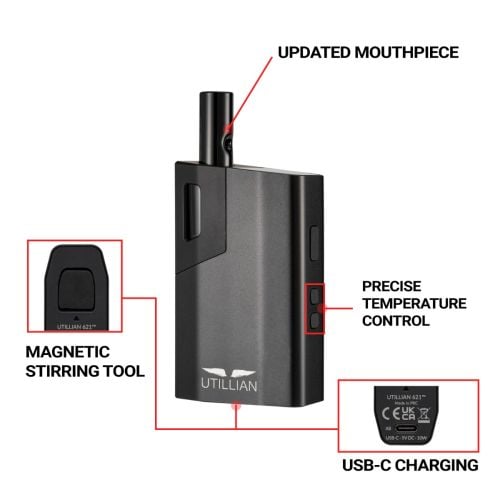 utillian 621 with mouthpiece, temperature control buttons, magnetic stirring tool and USB-C charging port