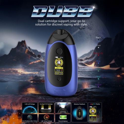 Yocan Dubb 510 thread battery with (blue color option) with all its prominent features listed