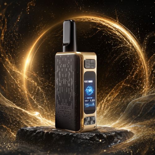 Zeus Ion Pro 510 thread battery in black and gold finish displayed on rocks with golden light halo background