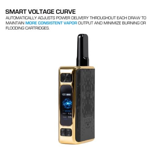 Zeus Ion Pro 510 thread battery side view showcasing Smart Voltage Curve technology for consistent vapor output and superior performance across various 510 thread cartridges