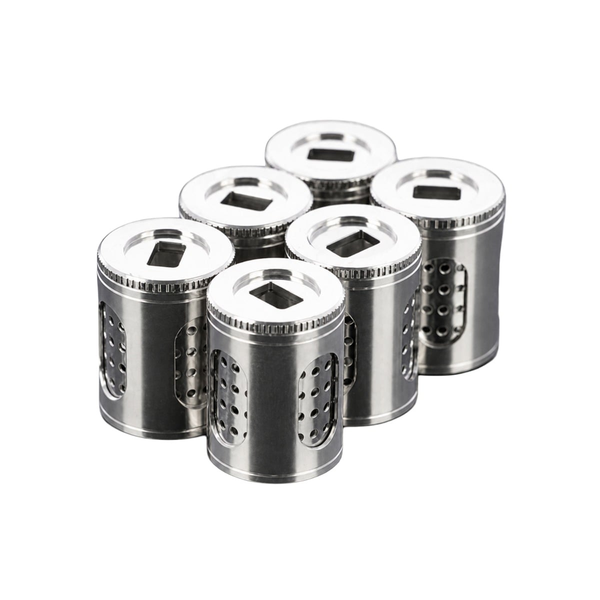 Six DaVinci IQ Series stainless steel dosing capsules with knurled screw caps and perforated bodies