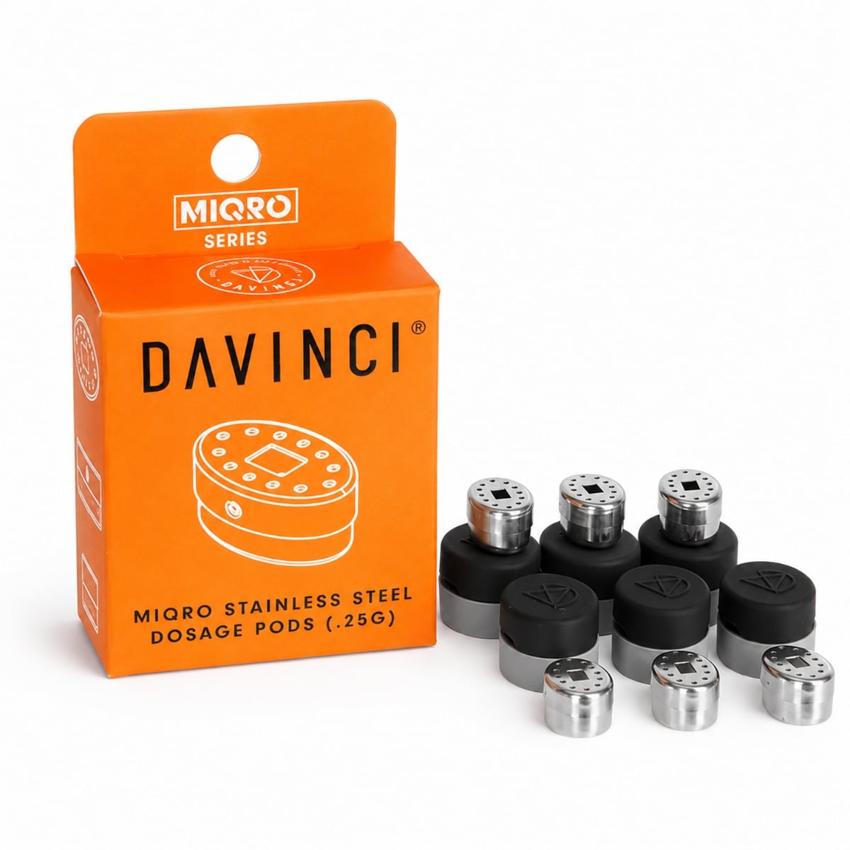 DaVinci MIQRO Dosing Capsules pack de 6 avec capsules en acier inoxydable et étuis en silicone à côté de l’emballage