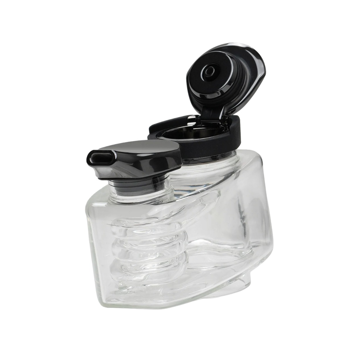 Vue latérale du Bubbler EQ Jacuzzi de DaVinci, une chambre à eau en verre borosilicate transparent avec son carb cap noir à charnière relevé.