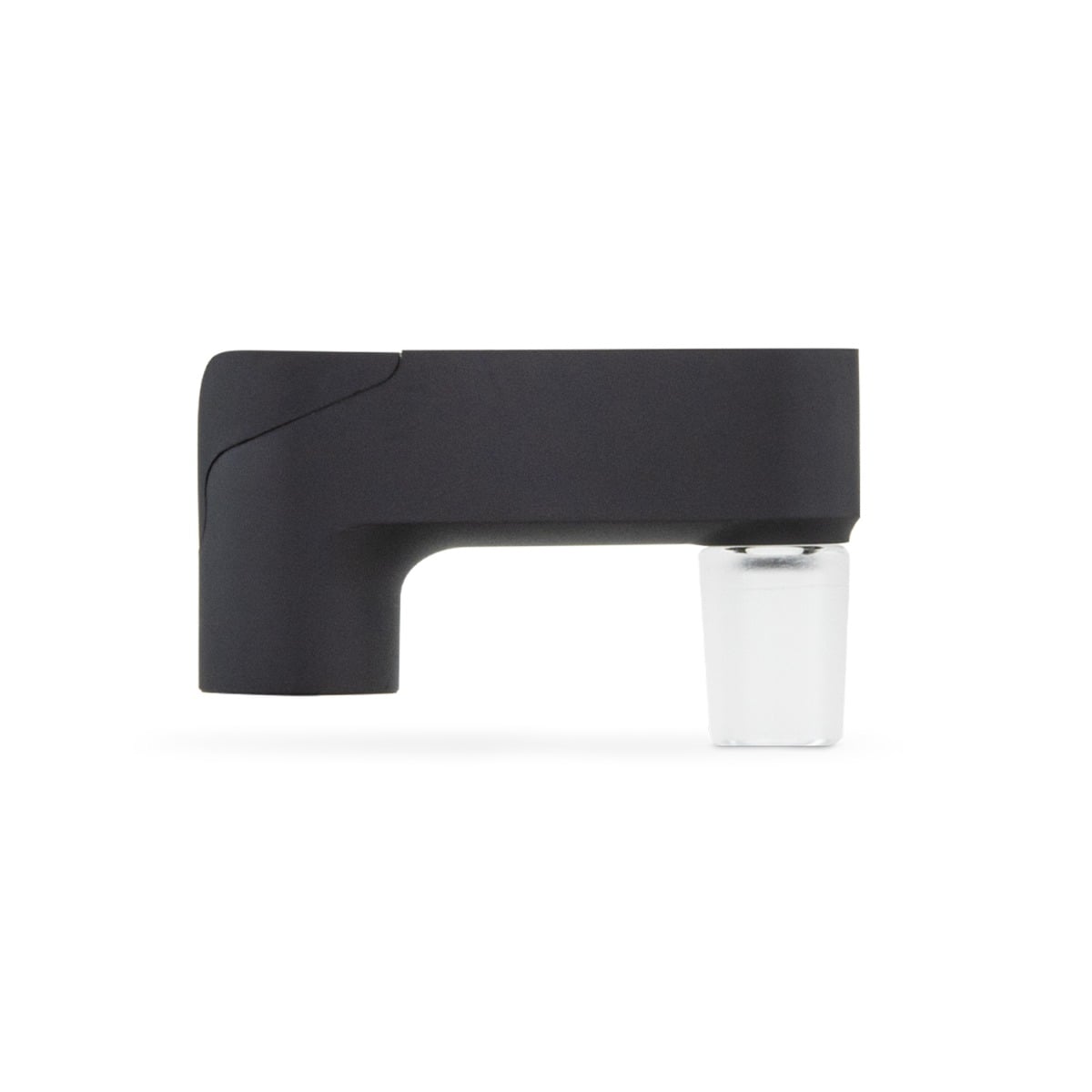 Side view of the Puffco Pivot Glass Adapter featuring a sleek onyx design with a clear glass joint at the bottom.