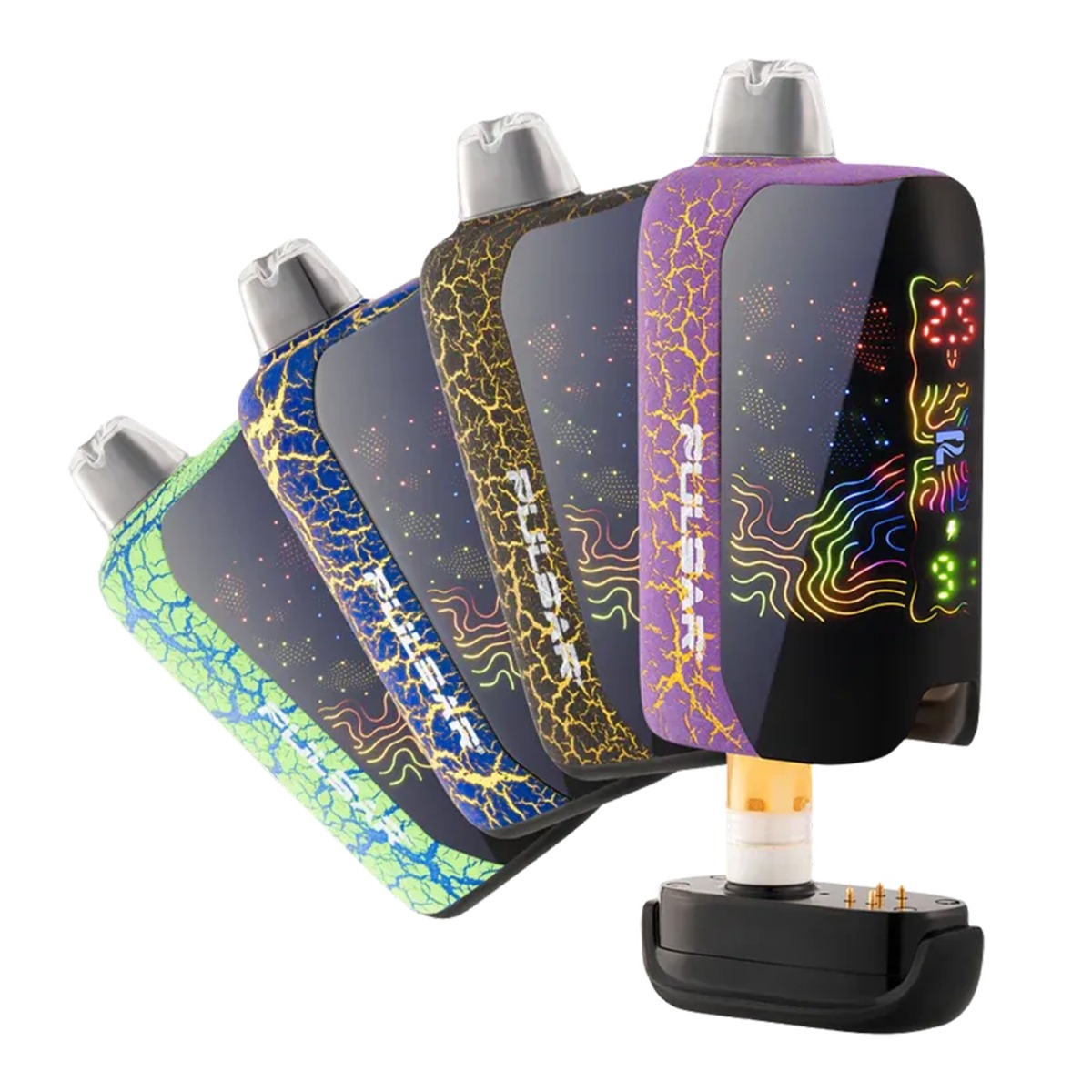 Pulsar 510 DL 6.0 510 thread battery in multiple colors showing magnetic connector and concealed cartridge design.
