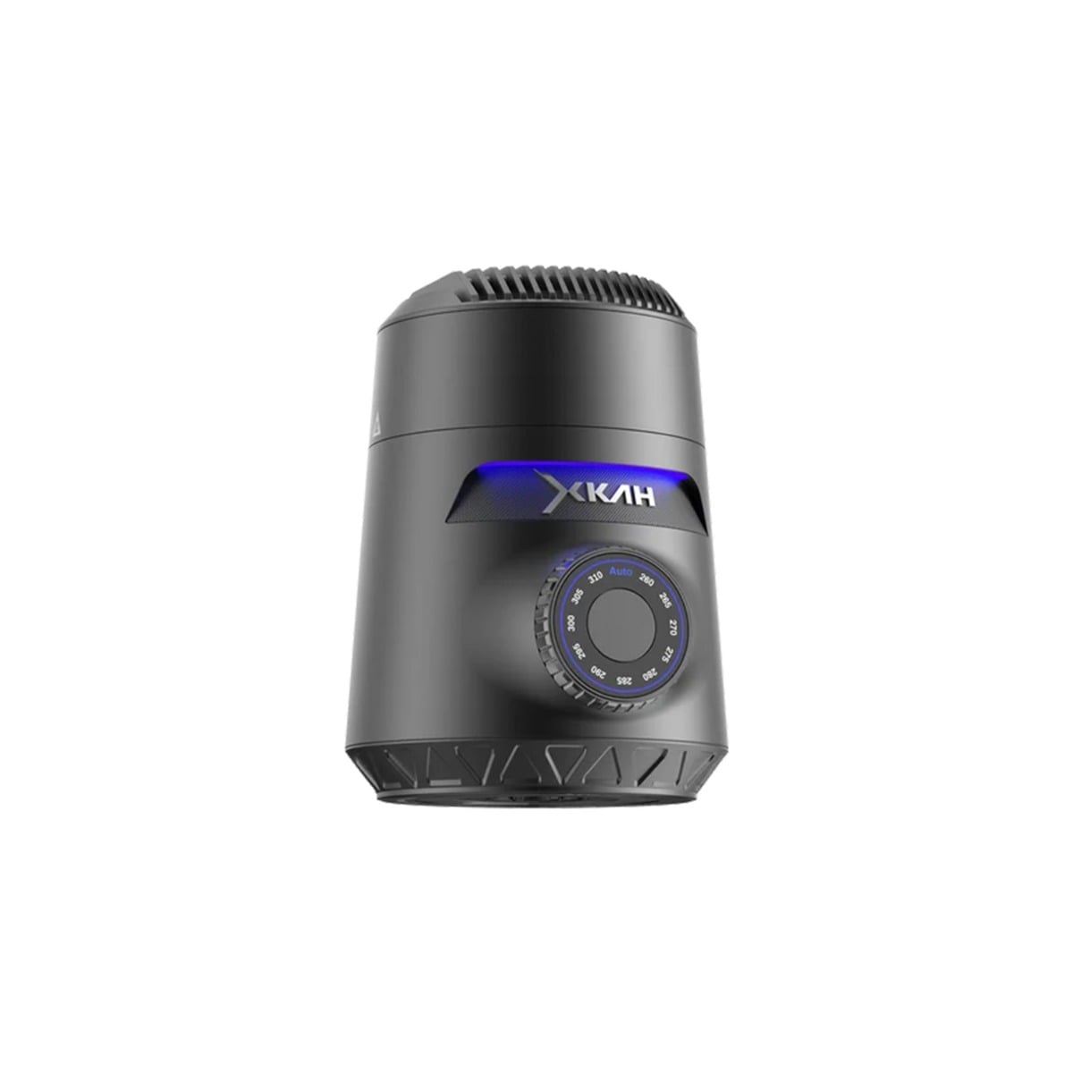 XKAH Lite Graphite, chicha électrique sans charbon vue de face en angle, avec anneau lumineux bleu et molette de température