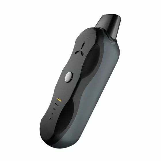 AirVape XS Go dry herb vaporizer angled front view with mouthpiece attached, single-button control and LED strip.