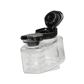 Side view of the DaVinci EQ Jacuzzi Bubbler, a clear borosilicate glass water chamber with its hinged black carb cap flipped open.