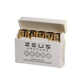 Open white pack with multiple gold Zeus ArcPods GT dosing capsules visible and “ZEUS ARCPODS” logo.