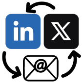 Visuel avec icônes LinkedIn, X et e-mail et légende « 280 000 abonnés » indiquant le nombre total de followers et abonnés courriel