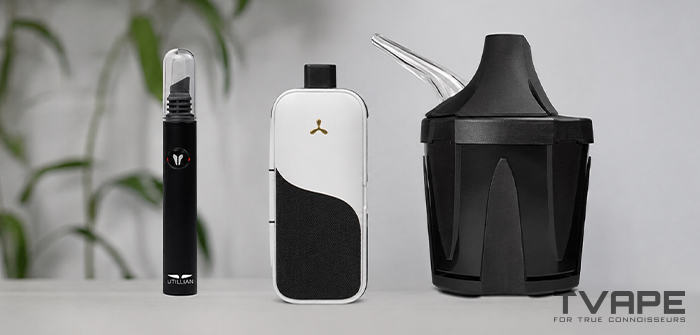 Le vaporisateur AirVape Legacy Core est présenté ici avec l'Utillian Hot Wax Axe, qui permet de charger rapidement et efficacement les concentrés, ainsi qu'avec le Zeus Iceborn, pour une vape plus fraîche