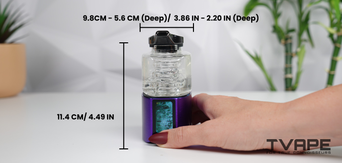 Dimensions du kit de vapotage électrique Davinci EQ – 9,8 cm × 5,6 cm (profondeur) – tableau des tailles