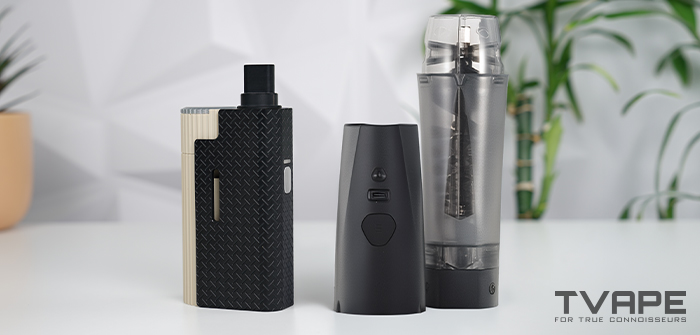 Limelight Frolic dry herb vaporizer alongside compatible accessories: Zeus Xtruder herb grinder, and Xtruder E-Module