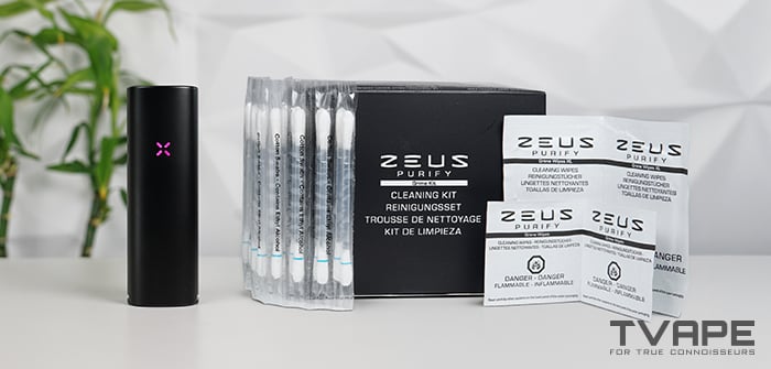 Pax 4 vaporizer is shown nearby the Zeus Purify cleaning kit