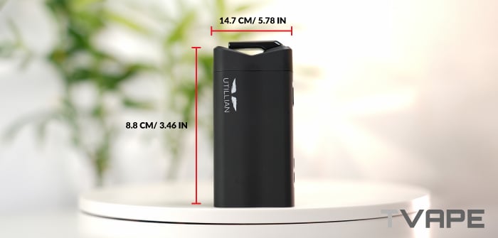 Dimensions du vaporisateur d'herbes sèches Utillian 850 – hauteur de 14,7 cm et largeur de 8,8 cm