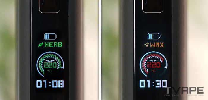 Écran LCD couleur du vaporisateur portable Utillian 850 affichant la température en mode cire réglée à 220 °C pendant une session
