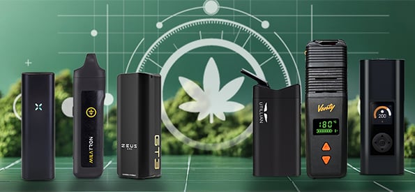 Portable vaporizers for dry herbs and travel use including Pax Flow, Tronian Milatron, Zeus Arc GT3, Utillian 723, Venty vaporizer, and Arizer Solo 3, compact and handheld designs for on-the-go vaping, displayed on green background