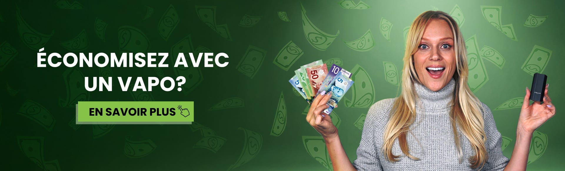 Bannière d’une meuf avec un vape et du cash - Économiser du fric avec les vaporisateurs d’herbes.