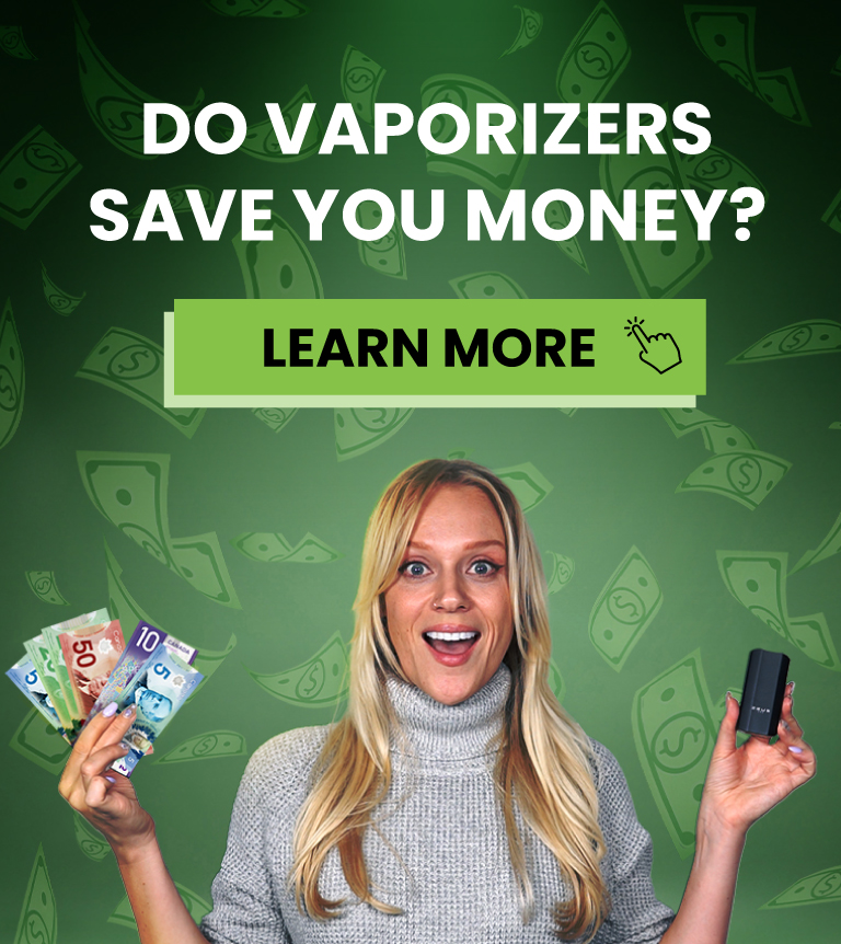 Smiling Woman with Vape & Savings - Affordable Dry Herb Vaporizers