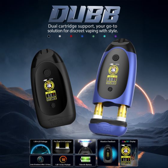 Yocan Dubb vape à double cartouche en noir et bleu avec écran TFT. Caractéristiques : tension 1.8V-4.2V, arrêt automatique, préchauffage 10s, batterie 750mAh, retour de vibration et support double cartouche.