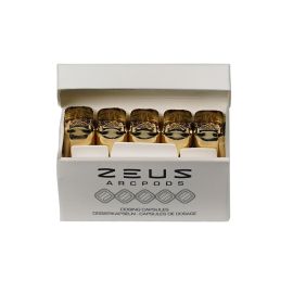 Boîte d'emballage des Zeus WaxPods GT, avec plusieurs capsules cylindriques dorées alignées.