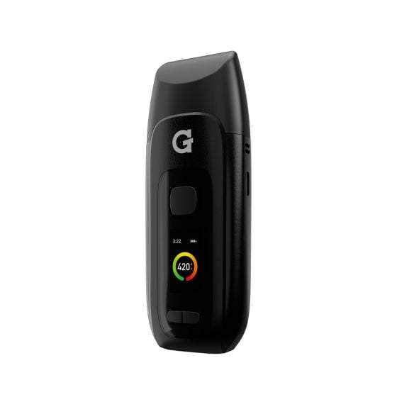 G Pen Dash+ vaporizer - front-side view with the LED screen turned on