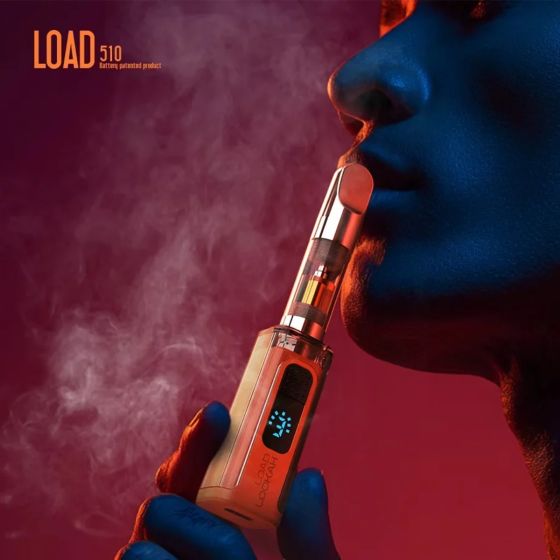 Lookah Load 510 battery in orange color option, close-up of a woman vaping with a cartridge attached, featuring a blue digital display showing battery level