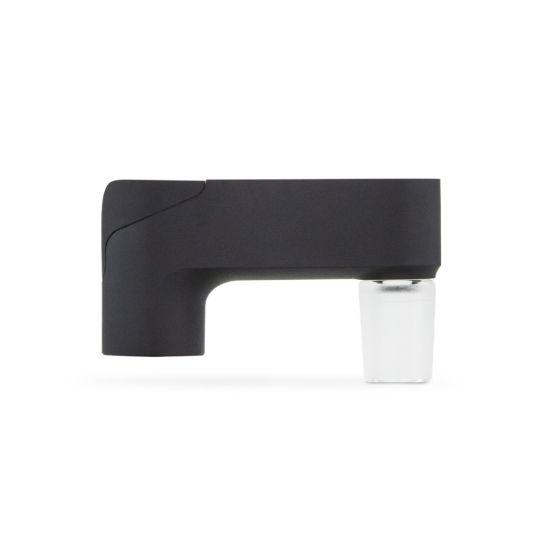 Side view of the Puffco Pivot Glass Adapter featuring a sleek onyx design with a clear glass joint at the bottom.