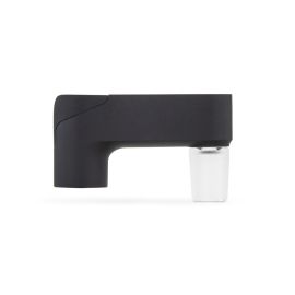 Side view of the Puffco Pivot Glass Adapter featuring a sleek onyx design with a clear glass joint at the bottom.