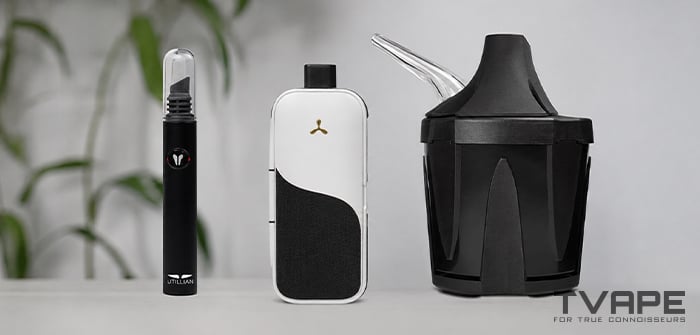 AirVape Legacy Core vaporizer is shown with the Utillian Hot Wax Axe for fast and efficient concentrate loading as well as Zeus Iceborn for more cooled vapor