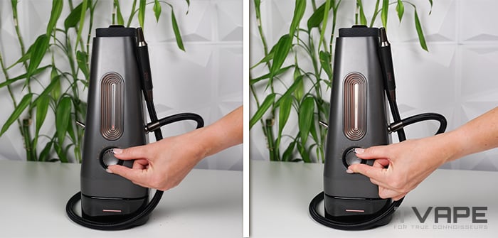 Two side-by-side views of a hand turning the temperature dial on the AirVape Enso, with the front LED light bar glowing brighter as the heat setting increases