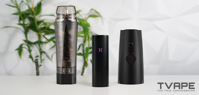 Pax 4 vaporizer is shown with the Zeus Xtruder and Zeus Xtruder E-Module grinders