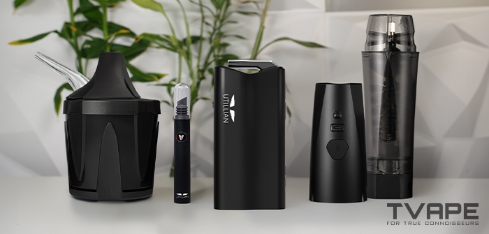 Vaporisateur d'herbes sèches Utillian 850 avec ses accessoires compatibles : refroidisseur de vapeur Zeus Iceborn, outil chauffant Utillian Hot Wax Axe, broyeur Zeus Xtruder et Xtruder E-Module