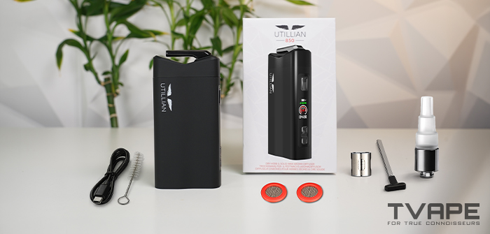 Kit complet du vaporisateur Utillian 850 avec accessoires incluant le canister à cire, les grilles, la brosse de nettoyage et le câble USB